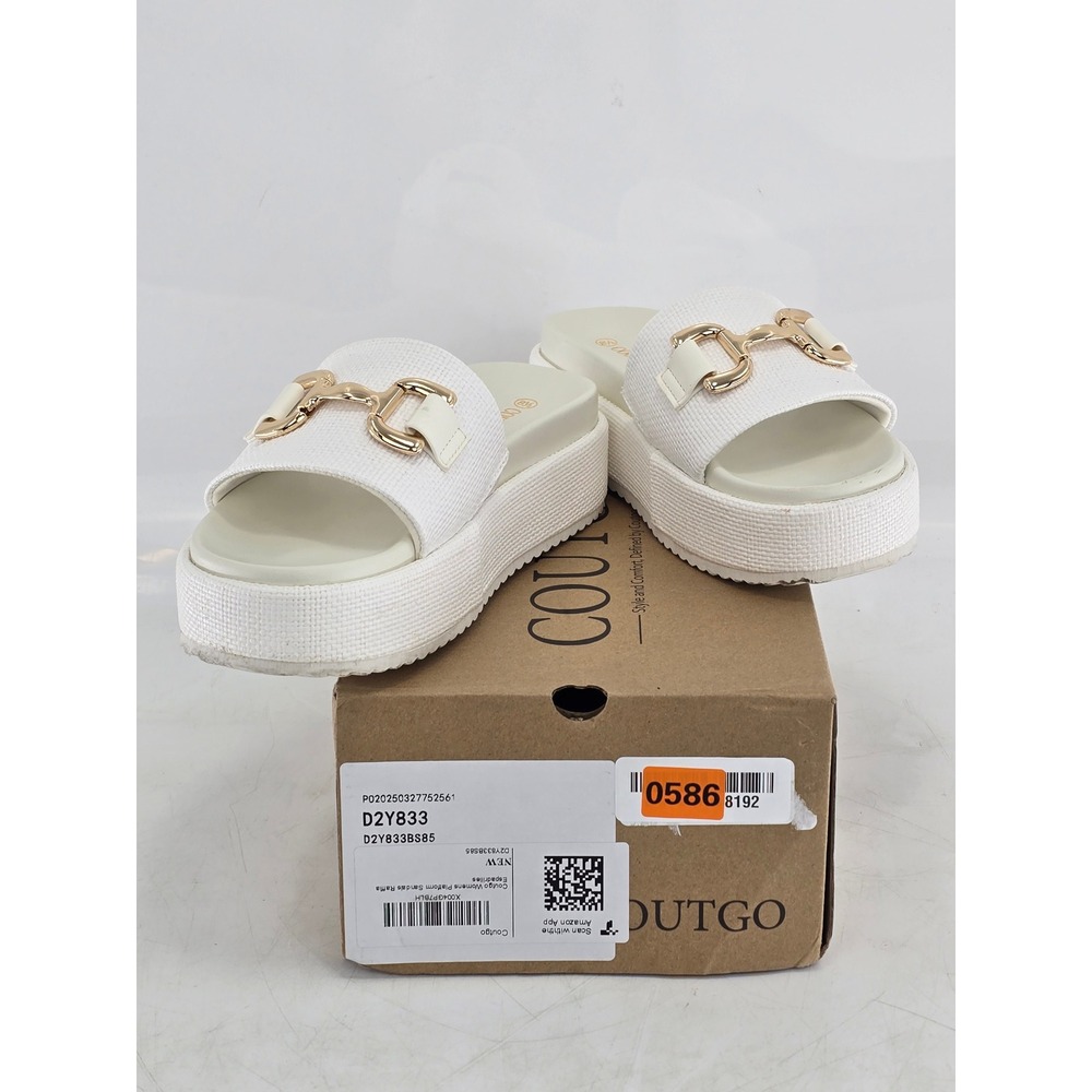 Coutgo Platform Slide Sandals Womens 8.5 White Espadrille Gold Bit - NEW